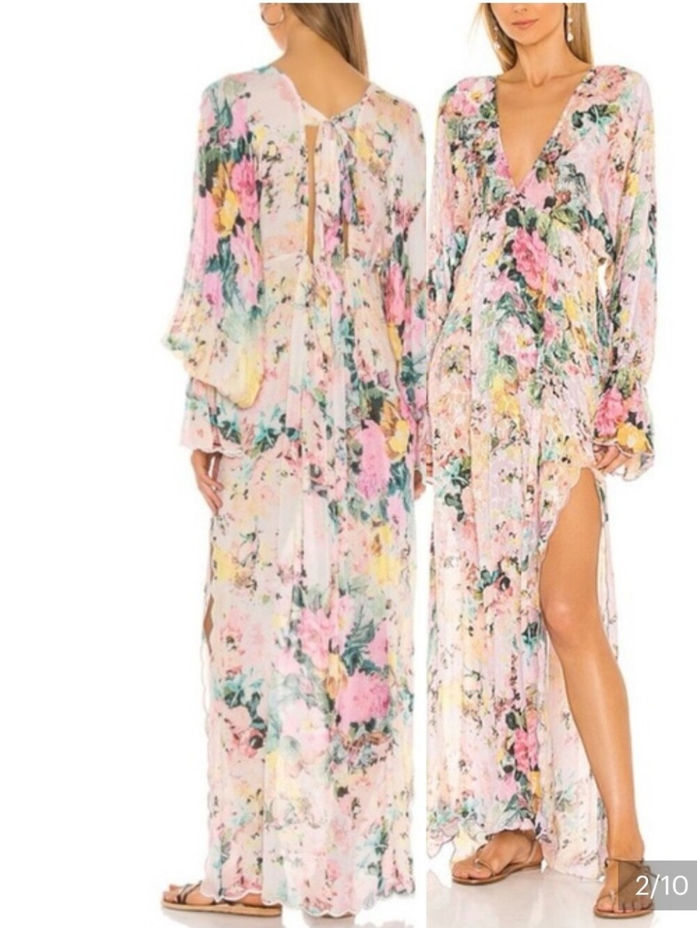 HEMANT & NANDITA Pastel Floral Sheer Maxi Dress in Pink, Blue, Yellow XS NWT - Picture 3 of 12